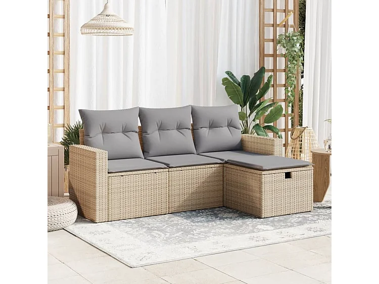 Salon de jardin avec coussins 4 pcs beige résine tressée