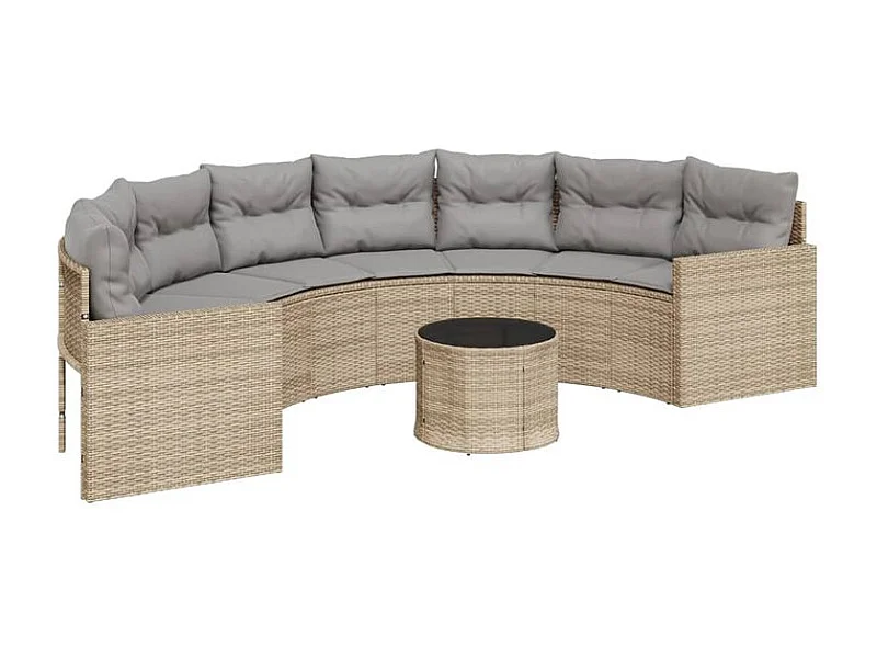 Canapé de jardin table coussins demi-rond beige résine tressée