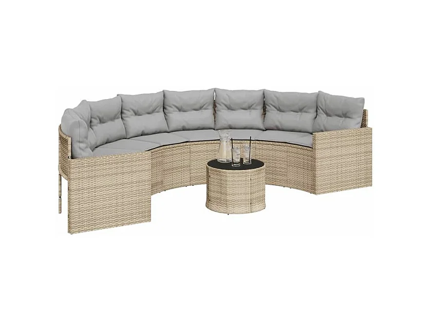 Canapé de jardin table coussins demi-rond beige résine tressée