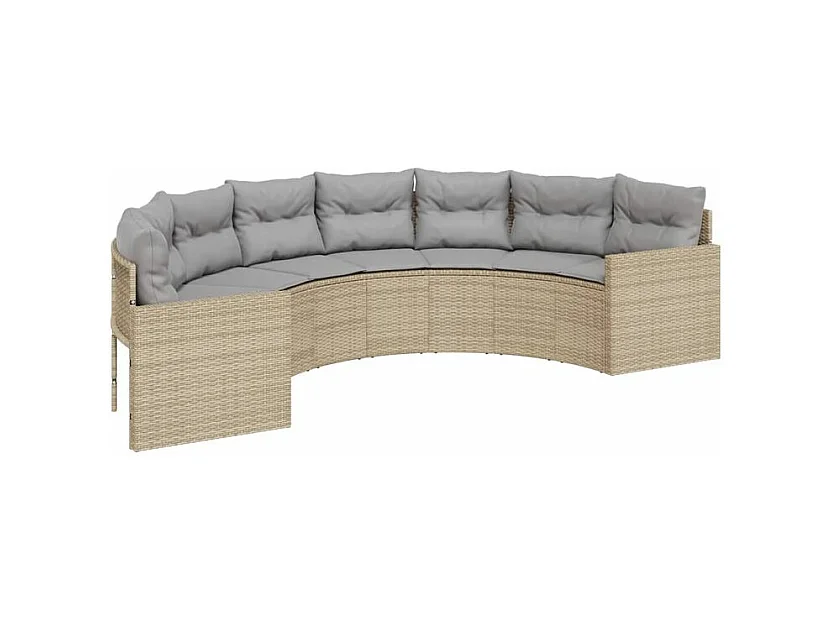 Canapé de jardin table coussins demi-rond beige résine tressée