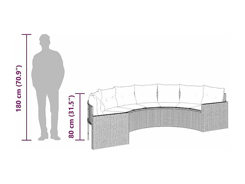 Canapé de jardin table coussins demi-rond beige résine tressée