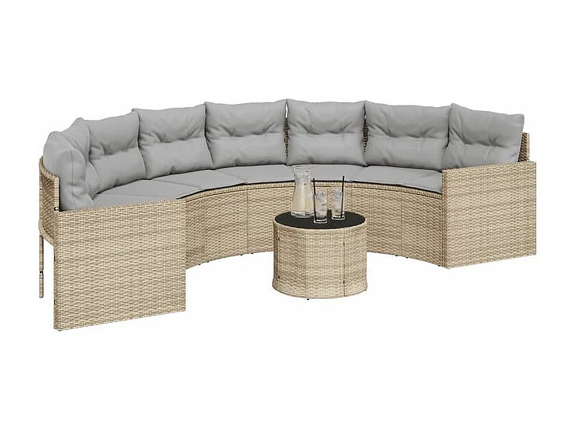 Canapé de jardin table coussins demi-rond beige résine tressée