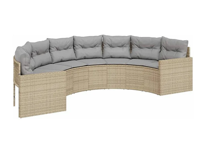 Canapé de jardin table coussins demi-rond beige résine tressée