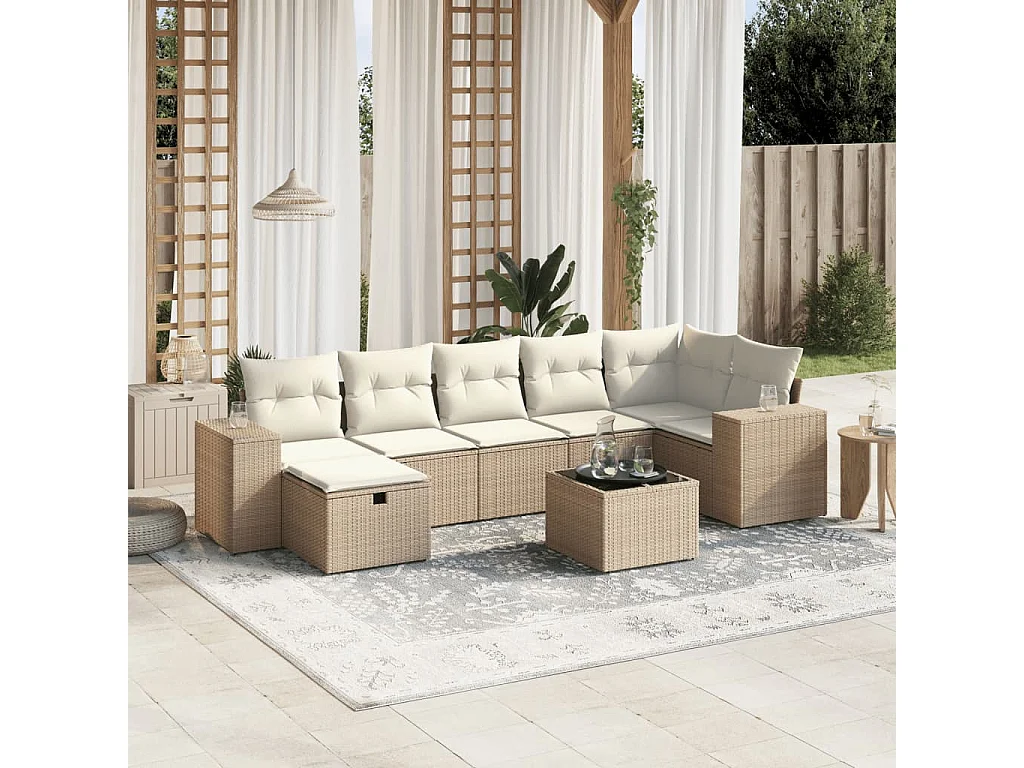 Salon de jardin avec coussins 8 pcs beige résine tressée