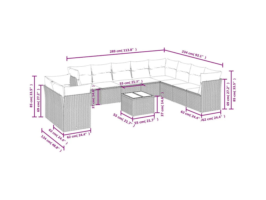 Salon de jardin 11 pcs avec coussins beige résine tressée