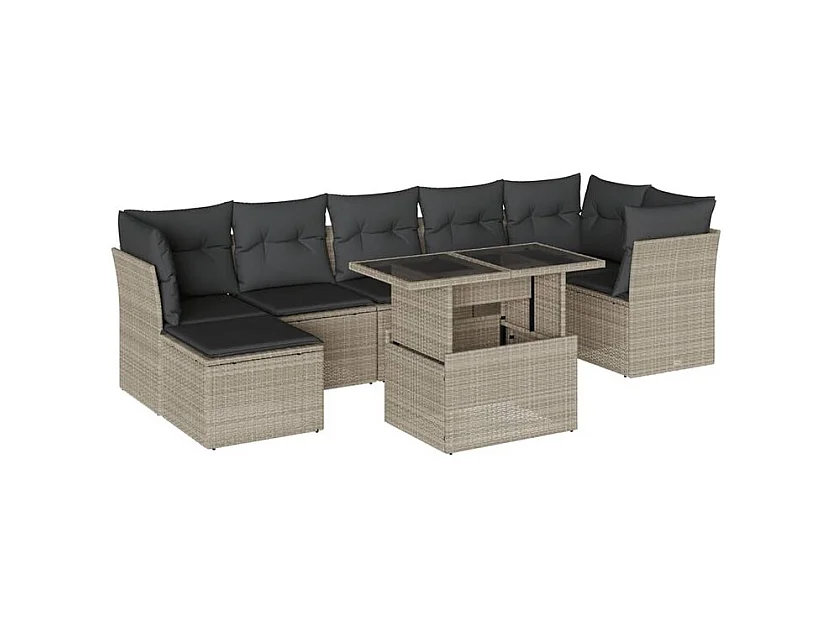 Salon de jardin 8 pcs avec coussins gris clair résine tressée