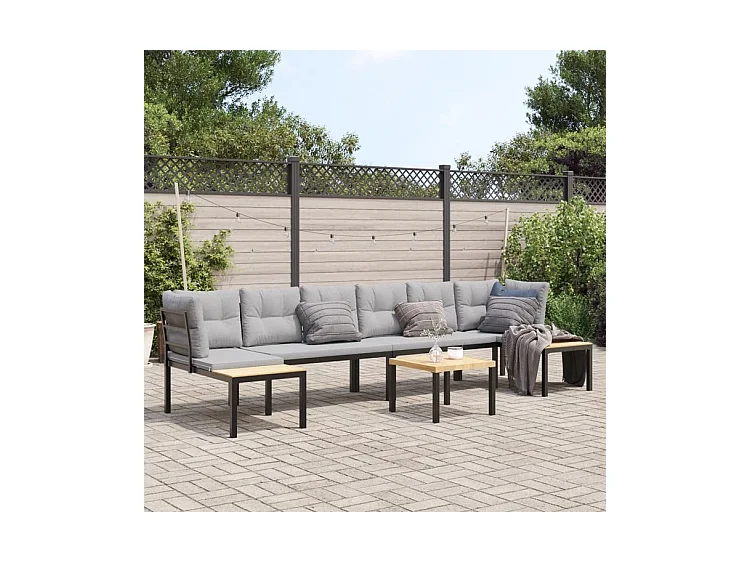Salon de jardin avec coussins 5 pcs noir acier enduit de poudre