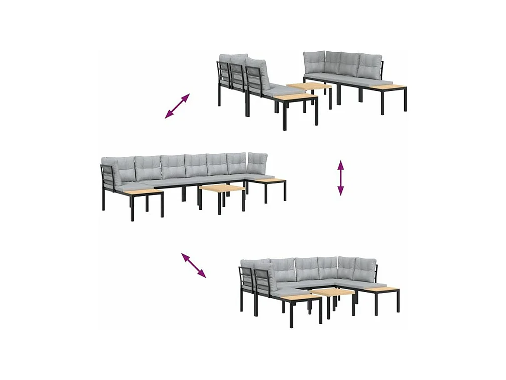 Salon de jardin avec coussins 5 pcs noir acier enduit de poudre