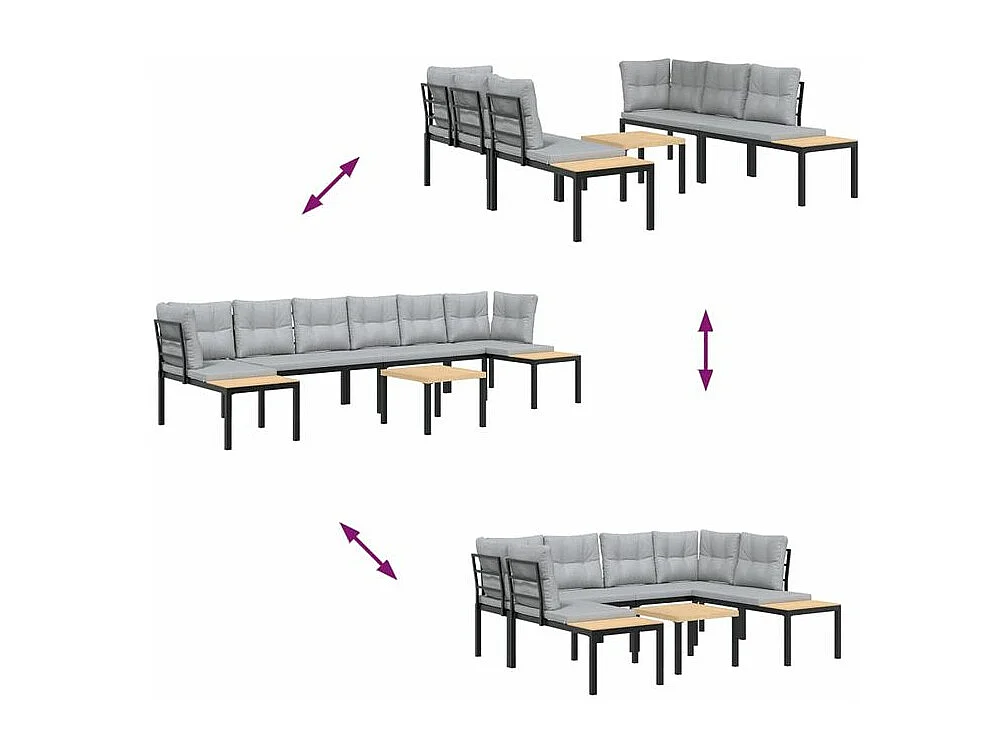 Salon de jardin avec coussins 5 pcs noir acier enduit de poudre