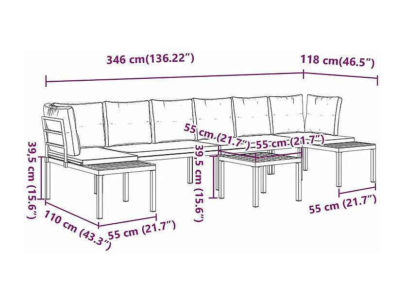 Salon de jardin avec coussins 5 pcs noir acier enduit de poudre