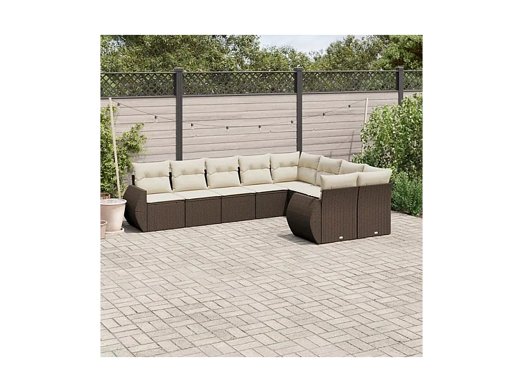 Salon de jardin avec coussins 9 pcs marron résine tressée