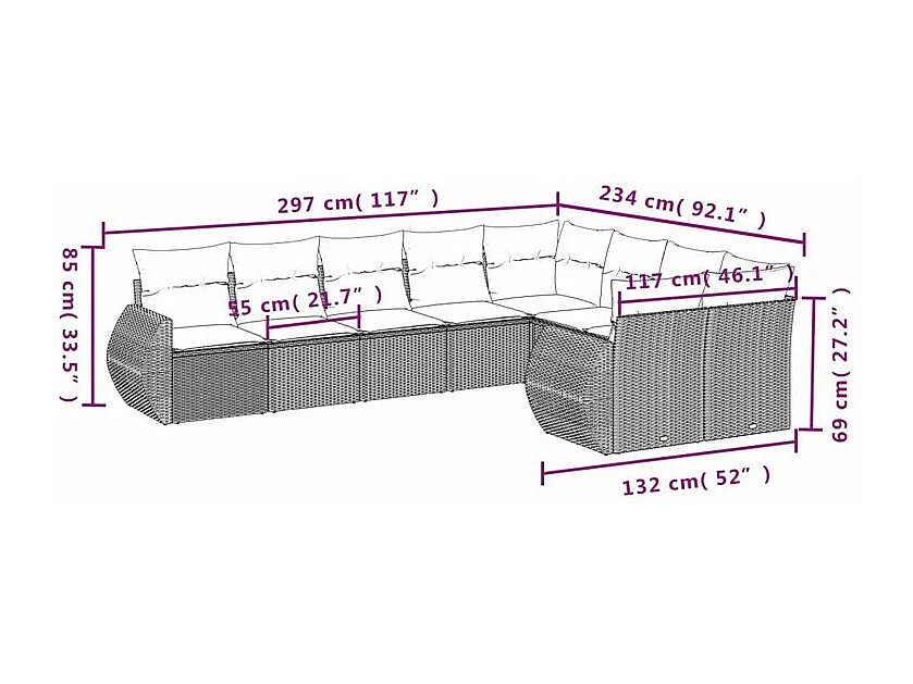 Salon de jardin avec coussins 9 pcs marron résine tressée