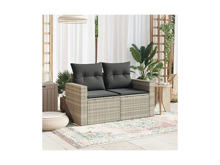 Canapé de jardin 2 places et coussins gris clair résine tressée