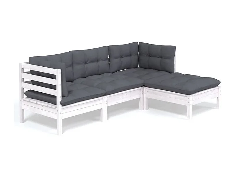 Salon de jardin 4 pcs avec coussins blanc bois de pin