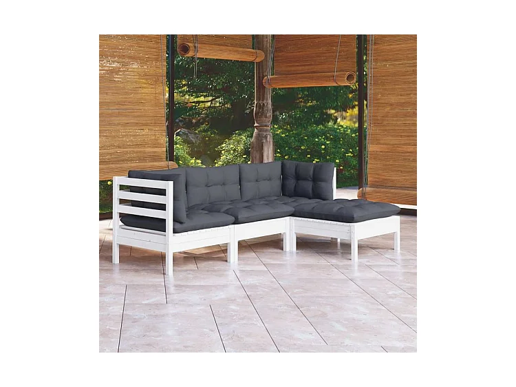 Salon de jardin 4 pcs avec coussins blanc bois de pin