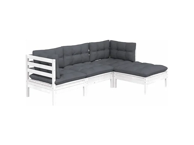 Salon de jardin 4 pcs avec coussins blanc bois de pin