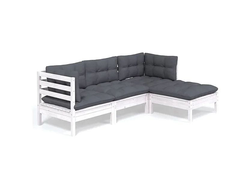 Salon de jardin 4 pcs avec coussins blanc bois de pin