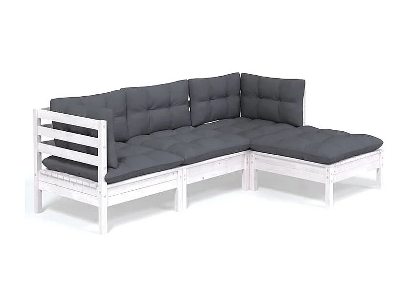 Salon de jardin 4 pcs avec coussins blanc bois de pin