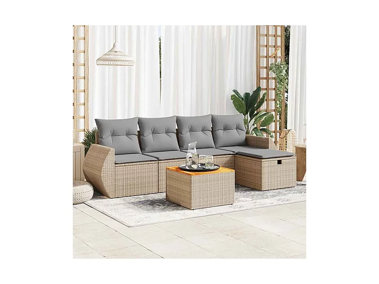 Salon de jardin avec coussins 6 pcs beige résine tressée