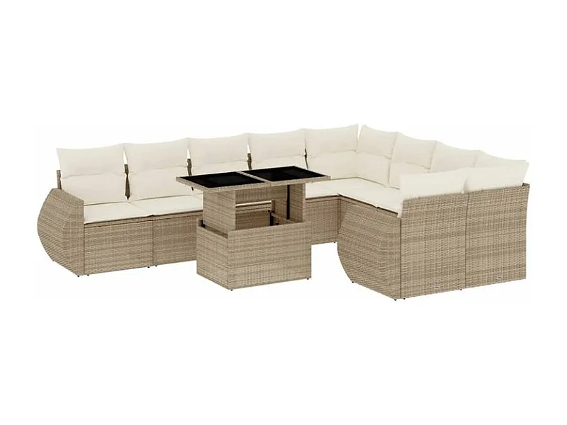 Salon de jardin avec coussins 10 pcs beige résine tressée