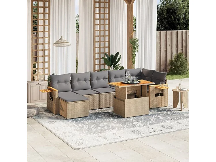 Salon de jardin avec coussins 8 pcs beige résine tressée