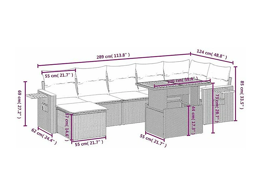 Salon de jardin avec coussins 8 pcs beige résine tressée