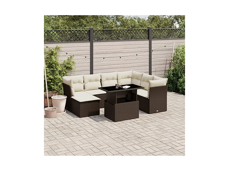 Salon de jardin 8 pcs avec coussins marron résine tressée