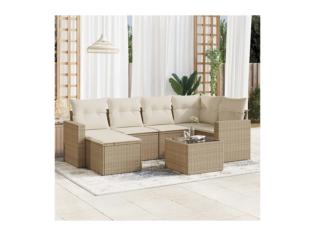Salon de jardin avec coussins 7 pcs beige résine tressée