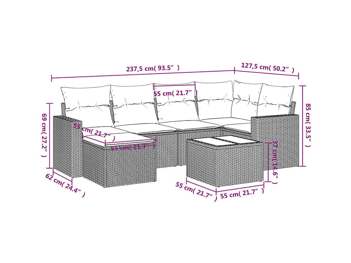 Salon de jardin avec coussins 7 pcs beige résine tressée