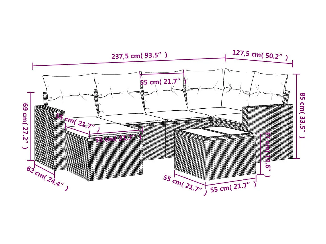Salon de jardin avec coussins 7 pcs beige résine tressée