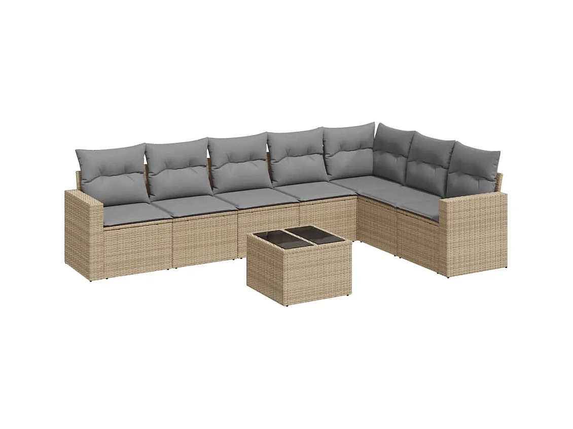 Salon de jardin avec coussins 8 pcs beige résine tressée