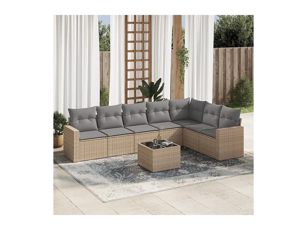 Salon de jardin avec coussins 8 pcs beige résine tressée