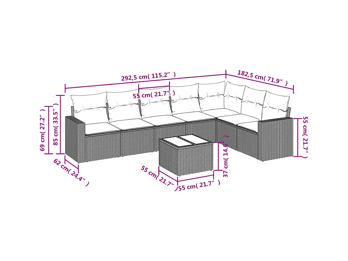 Salon de jardin avec coussins 8 pcs beige résine tressée