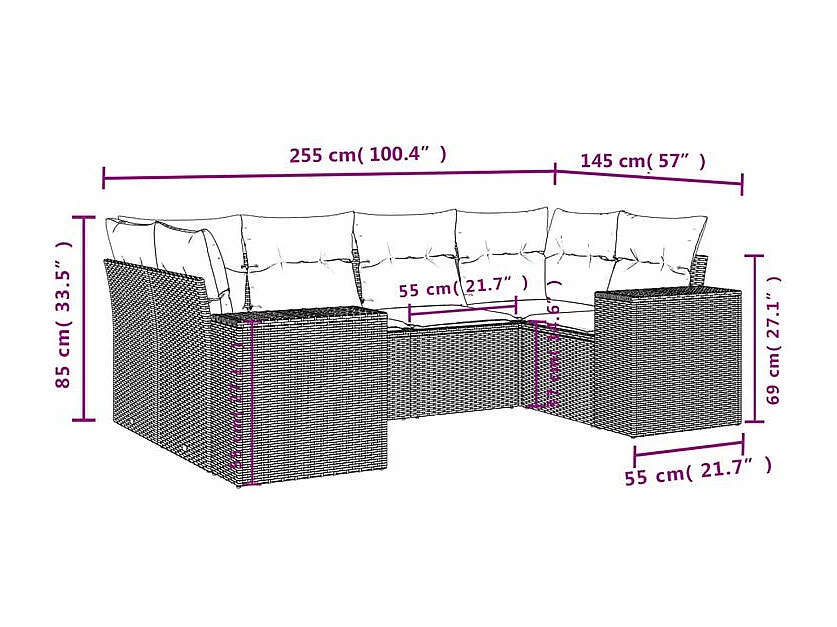 Salon de jardin avec coussins 6 pcs marron résine tressée