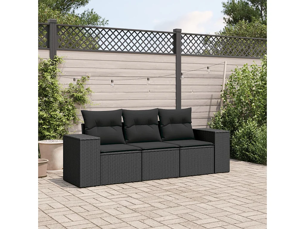 Salon de jardin 3 pcs avec coussins noir résine tressée
