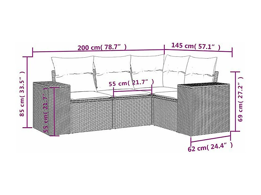 Salon de jardin 4 pcs avec coussins gris clair résine tressée