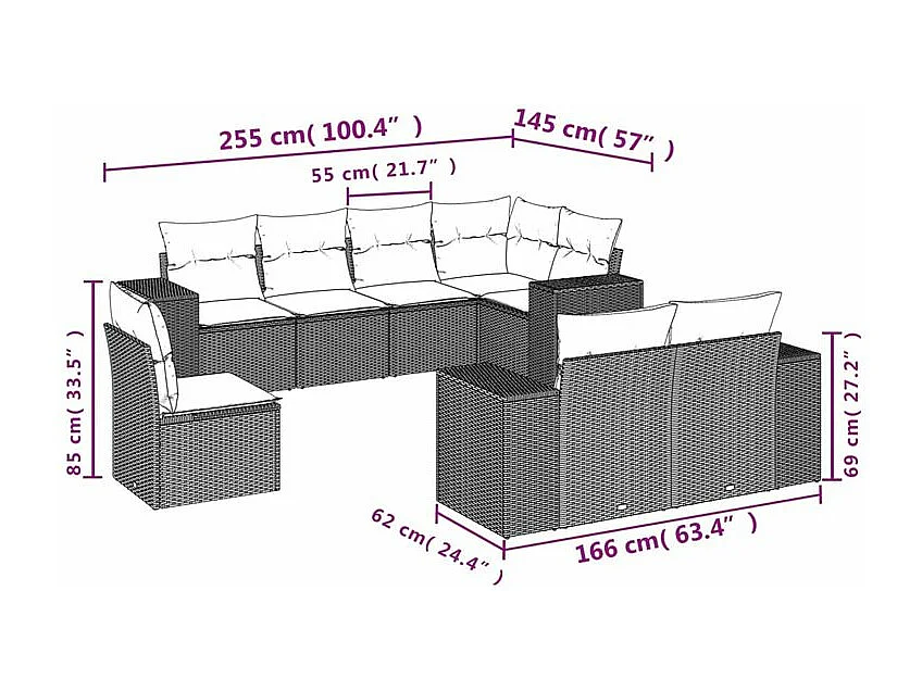 Salon de jardin 8 pcs avec coussins marron résine tressée