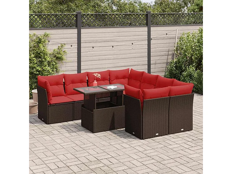 Salon de jardin avec coussins 9pcs marron résine tressée acacia