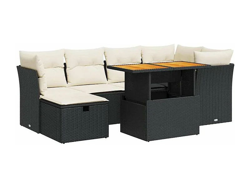 Salon de jardin avec coussins 7 pcs noir résine tressée acacia