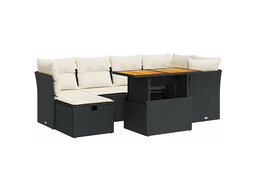 Salon de jardin avec coussins 7 pcs noir résine tressée acacia