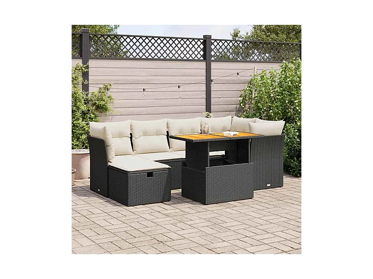 Salon de jardin avec coussins 7 pcs noir résine tressée acacia