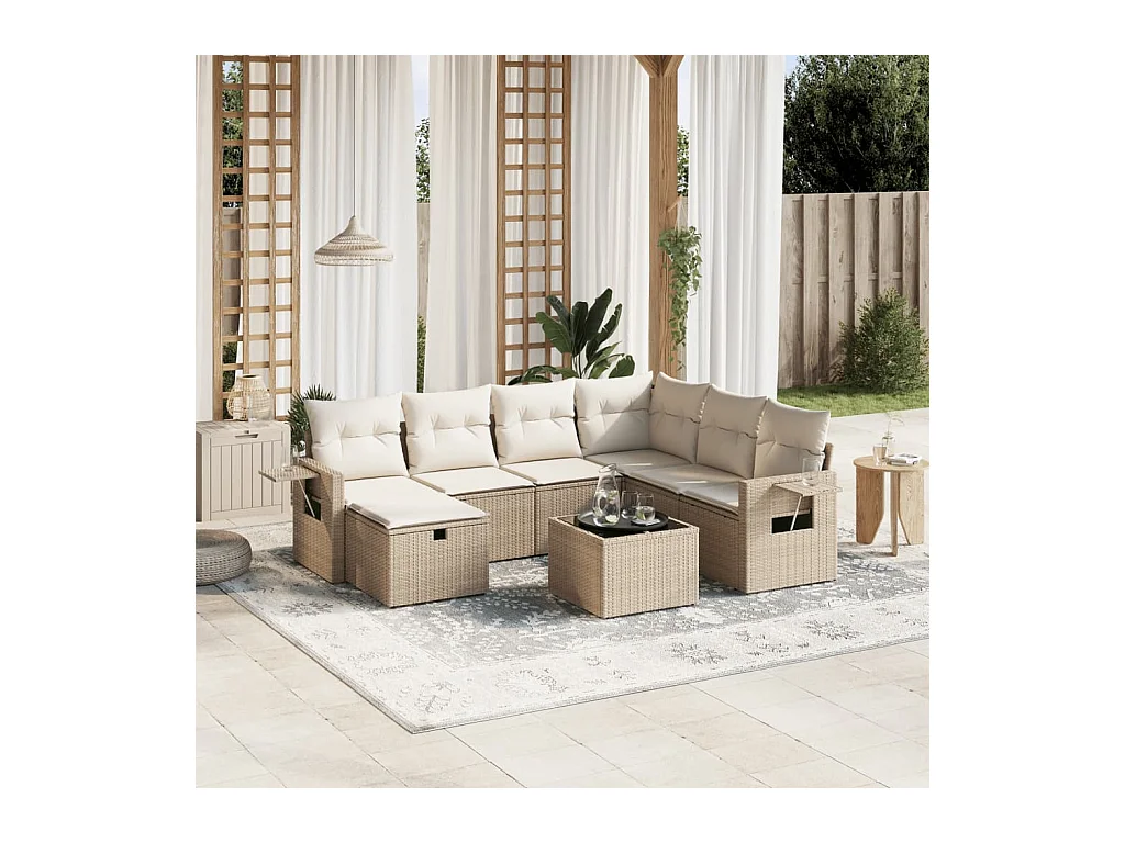 Salon de jardin avec coussins 8 pcs beige résine tressée