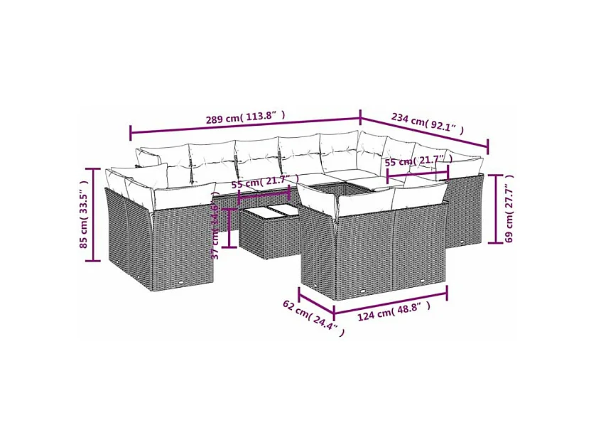 Salon de jardin avec coussins 13 pcs marron résine tressée