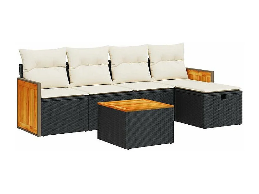 Salon de jardin 6 pcs avec coussins noir résine tressée