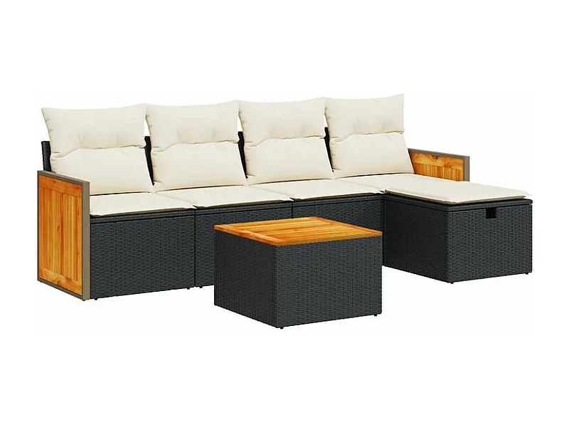 Salon de jardin 6 pcs avec coussins noir résine tressée