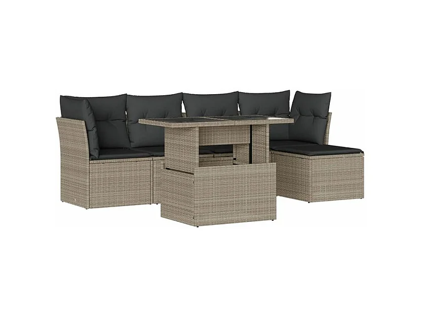 Salon de jardin 6 pcs avec coussins gris clair résine tressée