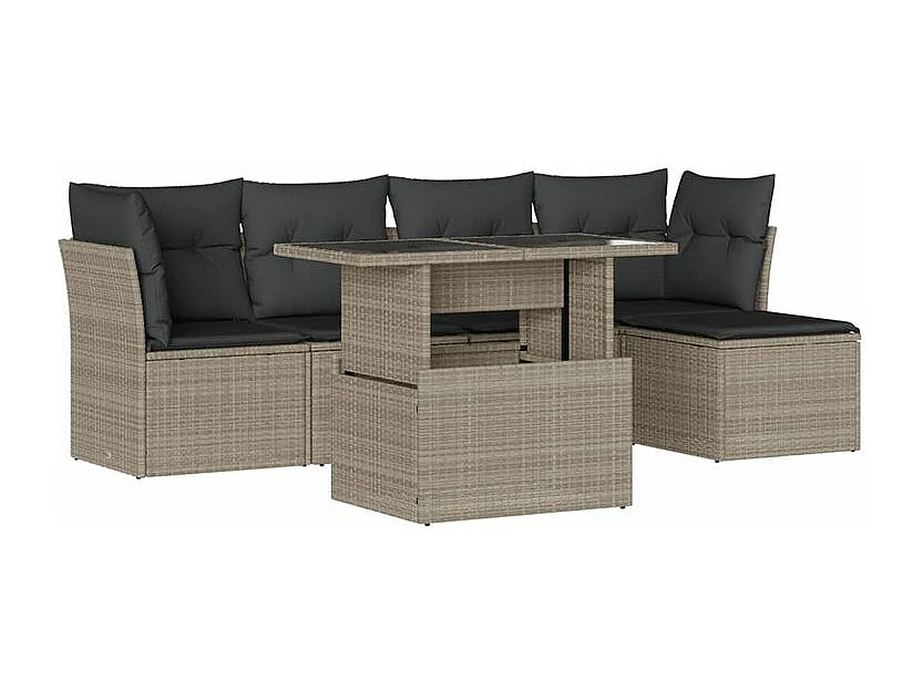 Salon de jardin 6 pcs avec coussins gris clair résine tressée