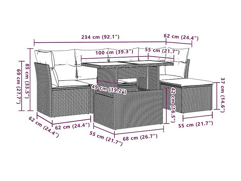 Salon de jardin 6 pcs avec coussins gris clair résine tressée