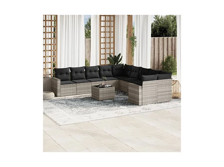 Salon de jardin 11 pcs avec coussins gris clair résine tressée
