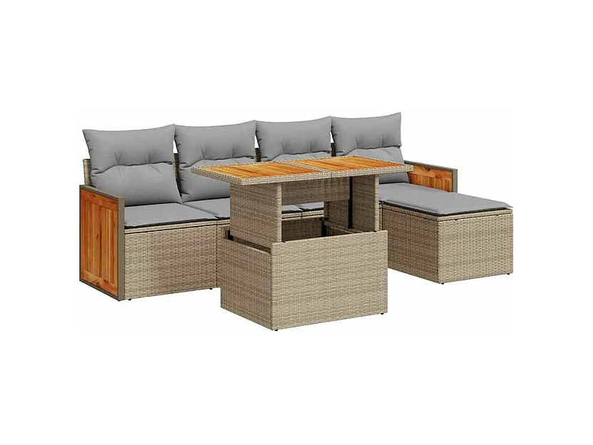 Salon de jardin 6 pcs avec coussins beige résine tressée acacia